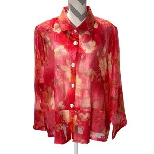 Trisha Tyler Womens Plus Size 3X Coral Sheer Floral Print Button Up Blouse Shirt